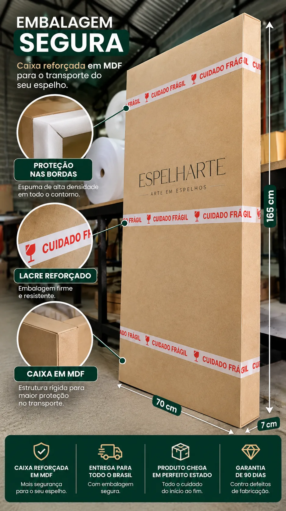 Caixa reforçada em MDF com a marca Espelharte, fita de cuidado frágil e proteção de espuma nas bordas, nas medidas 165 x 70 x 7 cm, usada para enviar o Espelho Lume