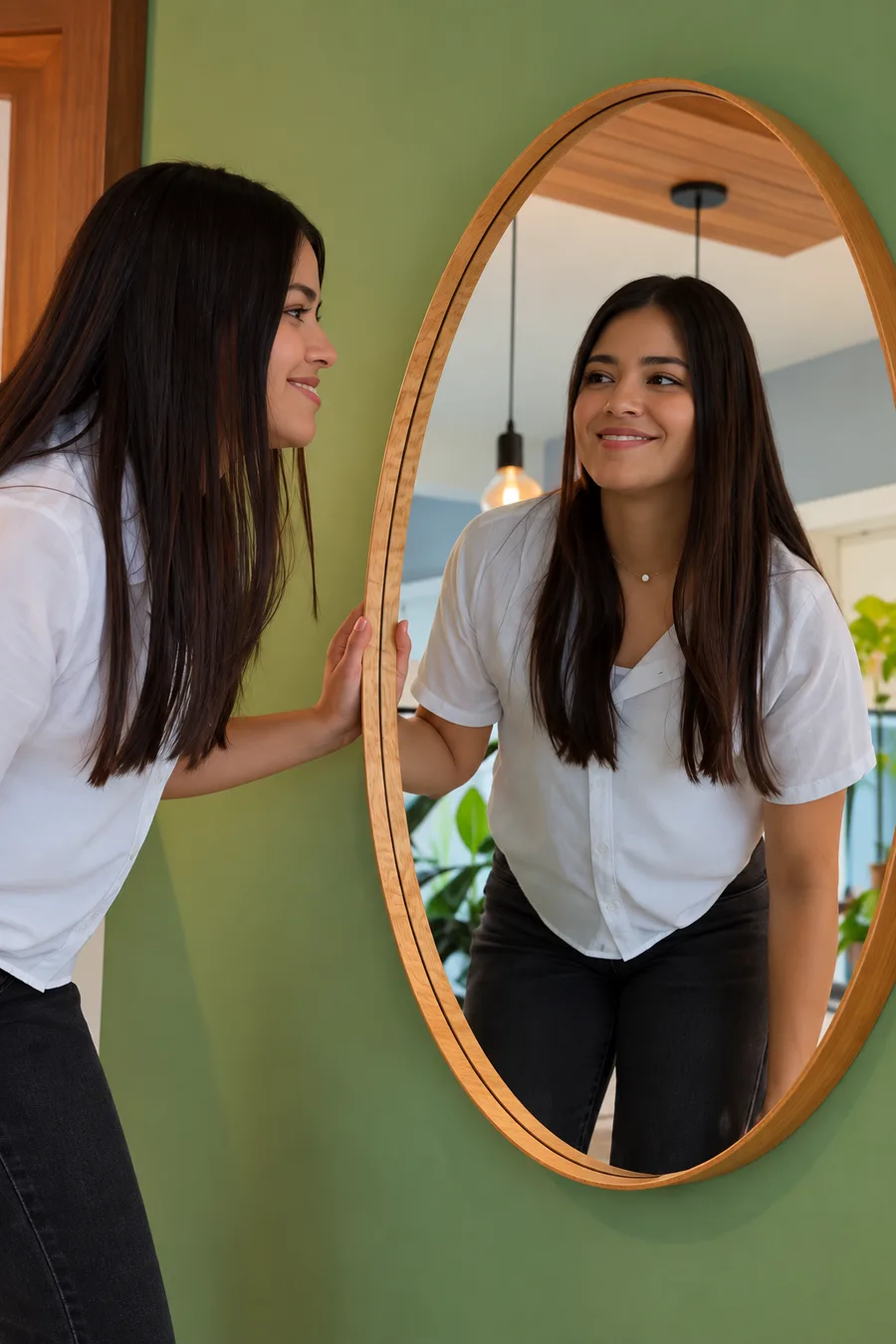 Cliente sorrindo e se olhando no reflexo do Espelho Lua, com a mão na moldura de madeira